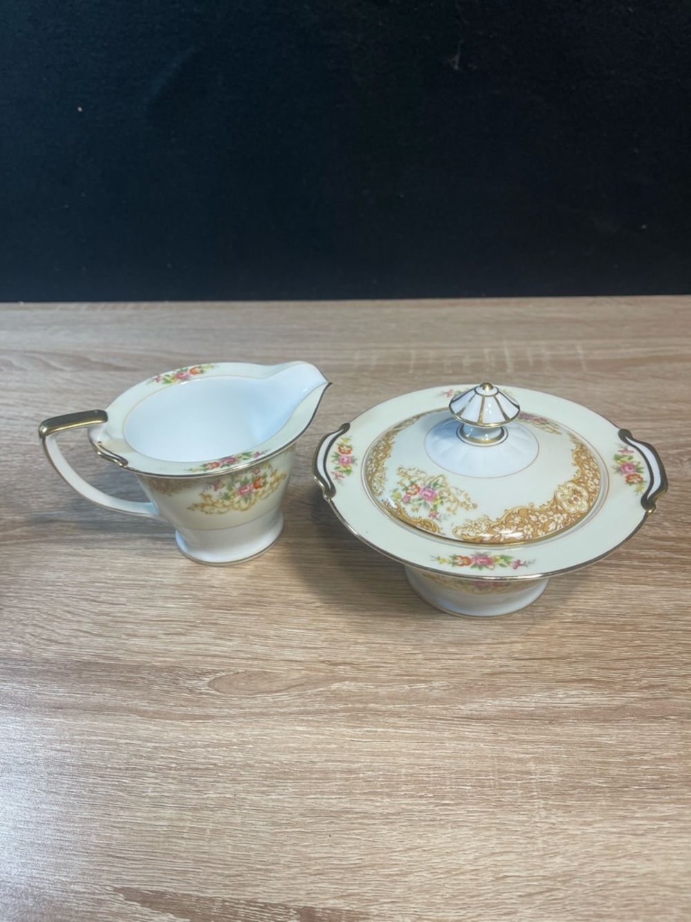 Classic Floral Gold-Trim Porcelain Sugar Bowl and Creamer Set